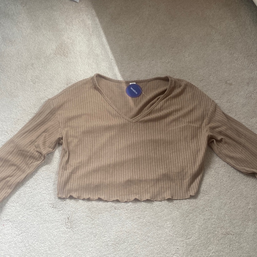 Brown Ribbed One-Shoulder Long Sleeve